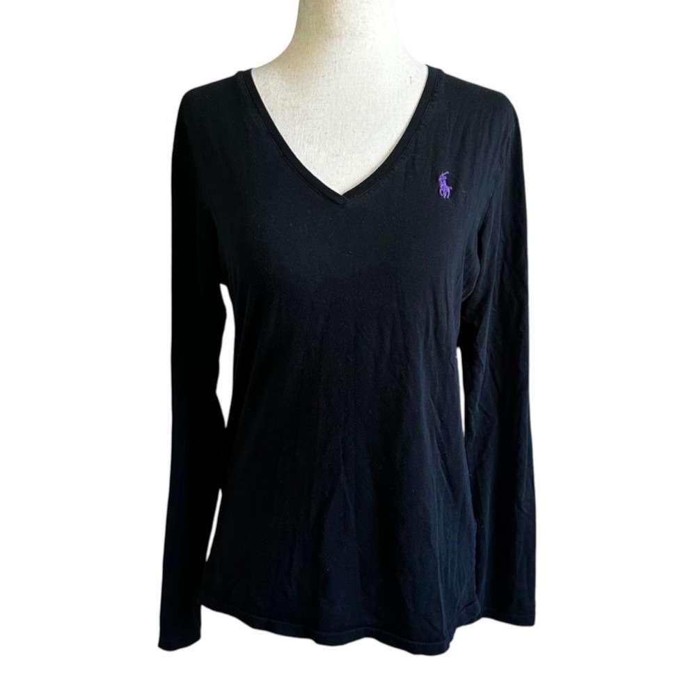Ralph Lauren Sport Womens Black Pima Cotton VNeck Long Sleeve Tee Shirt M | 0208